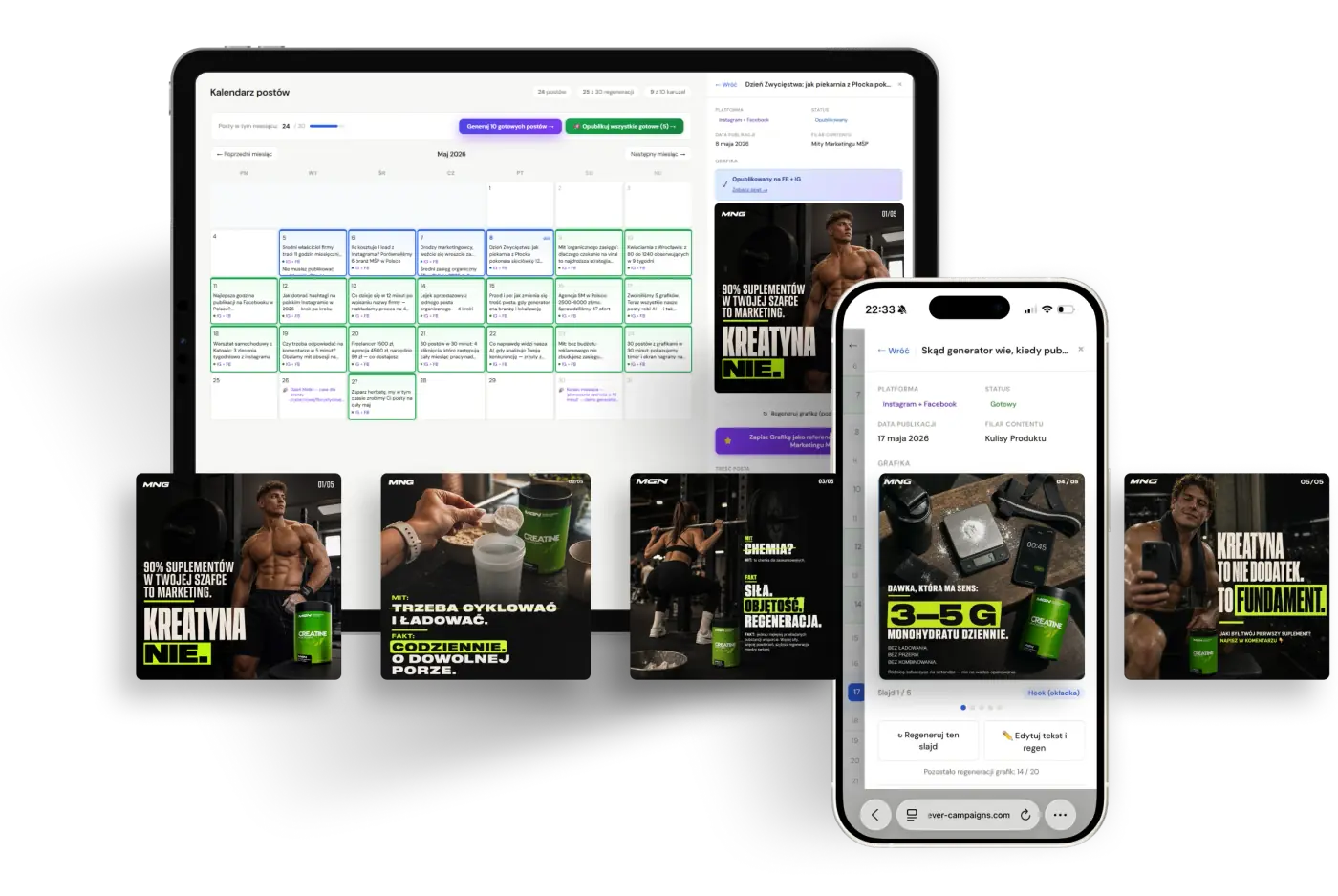 CleverCampaigns w panelu — iPad, iPhone, karuzela MGN
